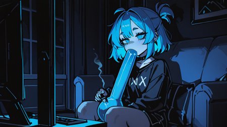 ,masterpiece,best quality,newest,  <lora:BongHitIL:1.0> bongil, 1girl, solo, inhaling, sitting,   living room, dark room   <lora:Glamour_IL:1.0> mcglam, blue hair, blue eyes, monochrome