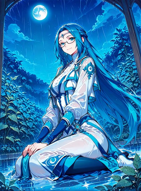 <lora:Ruo_Ling__Battle_Through_the_Heavens__Illustrious:1>
1 girl, solo, blue eyes, very long hair, blue hair, french braid, half updo, 
dress, long skirt, long sleeves, bottons, circlet, jewelry, glasses, semi-rimless eyewear,  
score_9, score_8_up, score_7_up, very aesthetic, source_anime, detailed, high quality, beautiful, detailed eyes, masterpiece, best quality, absurdres, perfect anatomy, 1girl, solo, wariza, sitting, hands on own knees, garden background, charming smile, rain, floating hair, looking at viewer, night, blue sky, blue moon, <lora:iLLMythG0thicL1nes:1>