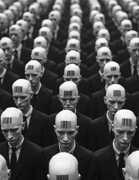  a dystopian and dehumanizing vision of a large crowd of identical bald figures, all with barcodes printed on their heads. The figures appear expressionless, and the black-and-white color scheme adds a stark, cold tone to the scene. 
The barcodes stamped on their heads suggest themes of commodification, control, or loss of personal identity, symbolizing that they may be treated as products  rather than unique individuals. The crowd is densely packed, reinforcing a sense of uniformity and conformity, while the absence of color evokes a bleak, controlled environment.