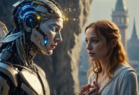score_9, score_8_up, score_8, 
A stunning hyper realistic scene unfolds, highlighting the contrast between a celestial angel and a beautiful young woman. 2girls 
(The angel is a breathtaking fusion of divine elegance and advanced technology, part human and part machine.) Its serene, humanoid face glows softly, with luminous eyes framed by intricate golden circuitry that pulses with an otherworldly light. Sleek, mechanical wings spread wide, blending gleaming metallic feathers with radiant, translucent energy. Its body is a flawless harmony of organic curves and robotic precision, emanating a divine aura that feels both protective and commanding.
((The young woman stands nearby, her natural beauty and humanity providing a stark yet harmonious contrast)). Her soft, expressive face is lit with awe as she gazes at the angel, her wide eyes reflecting its radiant glow. Her hands are clasped to her chest, and her hair flows gently. She appears delicate yet grounded, a symbol of human vulnerability and wonder.
The interaction between them is charged with emotion, the angel embodying a fusion of divinity and technology, while the woman represents pure human innocence and reverence. Together, they create a poignant moment of connection, bridging the mortal and the transcendent
concept art, realistic, Fantastical realism, digital painting, realistic, detailed, fine detail, photorealistic, realistic, hyper-detailed,  professional photoshoot, Robotic
