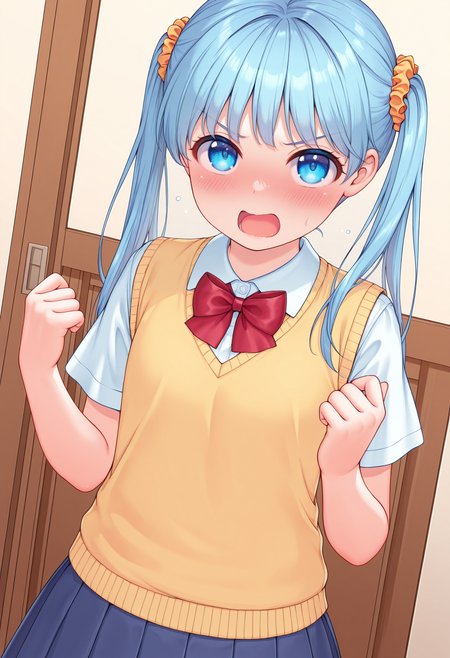 highres, best quality, masterpiece, indoors,
1girl, solo, otomoyki, long hair, blue hair, blue eyes, twintails, hair scrunchie, flat chest,
school uniform, red bowtie, short sleeves, white shirt, yellow vest, pleated skirt, blue skirt,
looking at viewer, blush, embarrassed,
hands up, angry, open mouth, dutch angle,
<lora:_yuki_otoomo-elesico-ilxlD:1>
