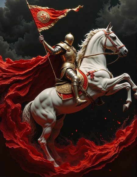 A medieval knight in shining silver armor rides a white horse rearing up dramatically against a stormy gray sky. The knight wields a long spear topped with a tattered, billowing red flag. A vibrant red cape streams behind him, its edges dissolving into swirling crimson mist. The horse bears a red cross on its flank. The scene is dominated by contrasting silver and deep red hues, with the background a turbulent mix of dark grays. Red petals or embers dance in the air, adding to the dynamic, almost ethereal quality of the image. The overall effect is one of heroic power and otherworldly majesty, <lora:flux.1_lora_flyway_Epic-detail_v2:1>, <lora:Elden_Ring_-_Yoshitaka_Amano:0.4>, <lora:fluxenhancer:0.4>