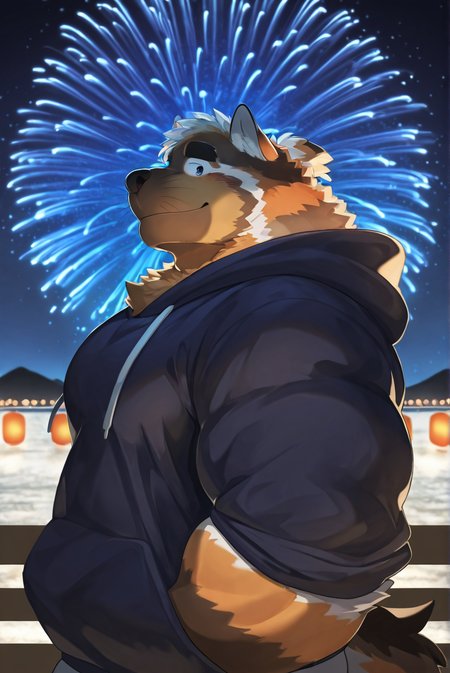 safe_pos, furry male, male focus, solo, thick eyebrows, muscular, big, furry, hakilas, brown fur, orange fur, white fur, full-body, sunny, anthro, kemono, new year celebration, night time, firework display, looking at viewer, standing, dark blue hoodie, wooden railing, stone bridge, casual clothing, sparkle, night market, lively, exciting, colorful BREAK very aesthetic, masterpiece, very impressive background, best quality, high quality, absurd res, high detail, smooth drawing,  <lora:Character_Hakilas_BOOG_ILXL:1>