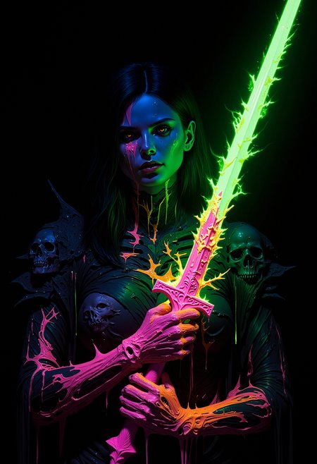 A close-up of a female figure holding a glowing neon green sword. Her skin is a smooth, deep blue tone, while her facial expression is neutral and focused. Her long black hair cascades down her shoulders. Bright, multicolored glowing paint drips from her hand and arm, blending green, pink, orange, and yellow hues, as if melting from her grip. Her left hand firmly grips the sword, which emits a vibrant, intense green light. The sword itself has a glowing texture with neon green liquid-like substance seeping along its length. Her clothes and upper body are covered in a swirling mix of black and neon colors, with dark shadows creeping across her figure, and skeletal faces barely visible within the patterns. Her entire appearance is abstract, with a surreal liquid-like aura around her. The background is solid black, emphasizing the glowing neon colors of the figure and sword.     <lora:dark_fantasy_flux:0.83> <lora:FredFraiStyle-FLUX-Share:0.63> <lora:sxz-Dark-Fantasy-v2-Flux:0.33> drkfnts style, <lora:flux.1_lora_flyway_Epic-Characters_v1:0.43>