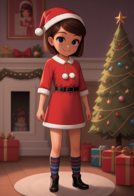score 9, score 8 up, 1girl, solo, tabitha templeton, short hair, brown hair, blue eyes, santa Claus suit, black belt, santa Claus hat, skirt, striped socks, looking at viewer, smile, fullbody, interior, 2d, short, cute, source_cartoon, young, christmas tree, gifts,