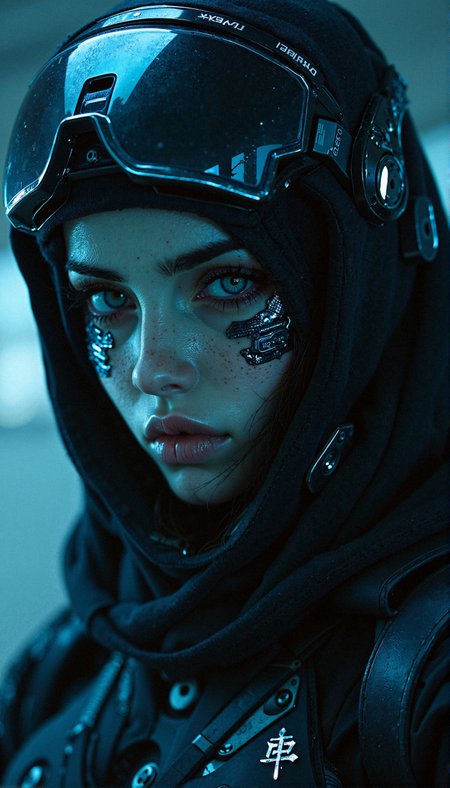 aidmaHyperrealism, aidmarealisticskin, Hollywood Cinematic Film style, epic photography, dramatic light, Kodak film style, close-up, 
shadowy cyber-enhanced sniper, hooded female operative wearing a high-tech augmented combat suit, biomechanical facial implants visible beneath her partially transparent visor, glowing data lines coursing through her armor, ultra-detailed texture on synthetic nanoweave fabric, highly expressive piercing blue cybernetic eyes, slight scars and subtle facial freckles adding realism, sleek aerodynamic helmet with reinforced targeting system, low-light sci-fi environment with dramatic contrast, cinematic lighting highlighting intricate mechanical details. <lora:MoriiMee_Gothic_Niji_Style_FLUX:0.75>