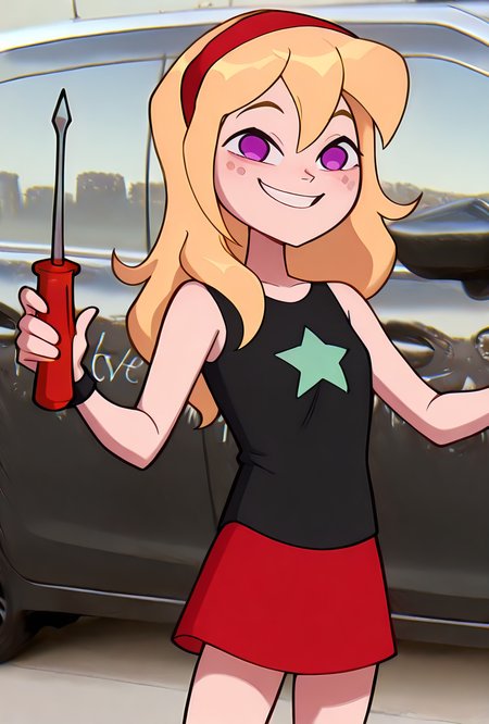 ((cartoon, screencap, )) <lora:lucysmall:1> lucysmall, solo, long hair, blonde hair, red hairband, black shirt, sleeveless, flat chest, star (symbol), purple eyes , tank top, wristband, miniskirt, red skirt,  dynamic pose, expressive face, facial expression,   <lora:I_love_my_dad_meme:1> i_love_my_dad, meme, holding screwdriver, screwdriver, looking at viewer, car, photo background, big smile,, masterpiece, best quality, amazing quality, very aesthetic, absurdres, newest,