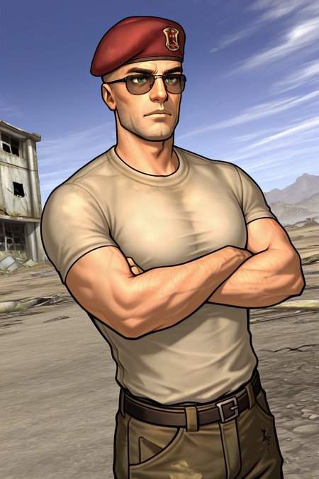 score_9, score_8_up, score_7_up, score_6_up, perfect anatomy, perfect proportions, best quality, masterpiece, high_resolution, high quality, best aesthetic, incredibly absurdres, highres, extremely detailed, huge filesize, solo male, adult, mature, masculine, manly, handsome, charming, alluring, standing, upper body, dutch angle, cowboy shot, perfect face,  source_game \(Fallout: New Vegas\), official style \(Fallout: New Vegas\), Craig Boone, FNVBoone, bald, green eyes, Boone_Outfit01, sunglasses, red beret, 1st Recon beret\(Fallout: New Vegas\), 1st Recon emblem\(Fallout: New Vegas\), white undershirt, short sleeves, brown military-esque cargo pant, combat boots, arms_crossed, dynamic angle, Fallout: New Vegas location, post-apocalyptic ruins, desolated landscape, dark blue sky