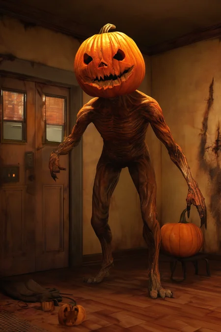 silent hill style, (masterpiece, top quality, best quality, beautiful and aesthetic), extremely detailed, hyper realistic, (Cinmatic:0.4), intense, wide shot, detailed face, "A ((orange pumpkin head, monster body))), (((wearing cap))), ((standing inside office)), (((office room))), glowing eyes and sharp teeth, foggy, eerie, haloween style, The (office) was transformed into a haunted maze, with pumpkin head monsters of all shapes and sizes lurking around every corner, their sharp teeth and glowing eyes sending shivers down your spine., action_pose, ,More Detail <lora:silent_hill_xl:1>