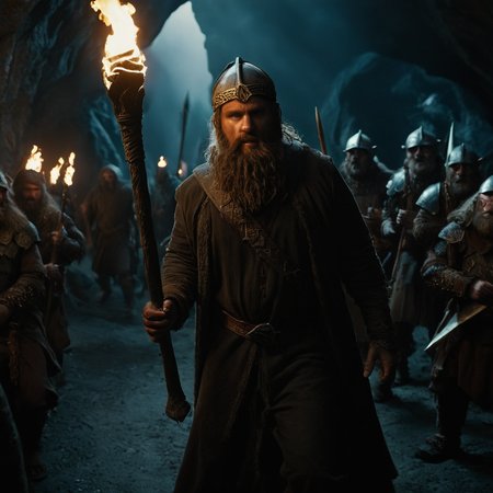 cinematic film still of  <lora:The Lord of the Rings style v2:1>
In a Fantasy Middle-earth world in the dark ages Orcs a Orcman in a costume holding torches in a cave,ork,humanoid monsters,1boy,holding,weapon,male focus,multiple boys,holding weapon,armor,facial hair,helmet,fire,crown,staff,facing viewer,beard,holding staff,torch , dramatic light, dramatic shadow light, film contrast, cinematic film color, cinematic film look, filmic, realistic, realism, perfection, perfect, movie still, fantasy drama, epic drama, fictional, Age of Wonders, Age of Empires, warriors,  Medieval style, middle ages, dungeons and dragons style, different people, different, unique, kingdoms and castles, violent, aggressive, detailed, perfection, detailed face, detailed body, detailed hands, detailed eyes, sharp, horror themed, dark themed, epic fantasy adventure film style, Legendary, mythical, The Lord of the Rings style, shallow depth of field, vignette, highly detailed, high budget, bokeh, cinemascope, moody, epic, gorgeous, film grain, grainy
