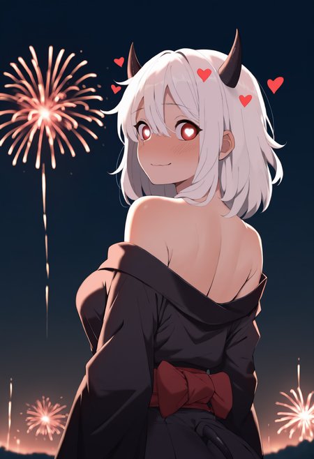 anime, masterpiece, best quality, newest, from behind, solo, 1girl, mod3us, demon tail, slight smile, looking back, medium hair, white hair, hair between eyes, black horns, demon horns, red eyes, heart-shaped pupils, japanese clothes, black kimono, off shoulder, red sash, bare shoulders, outdoors, night, fireworks
<segment:yolo-face_yolov8m.pt,0.4,0.5//cid=1>