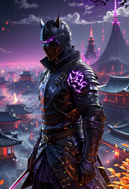 4k, oil painting, fantasy, digital art, highly detailed, overall detail, high resolution, best quality, perfect colors, perfect shadows, perfect lighting, atmospheric lighting, Awash in a haze of light leaks reminiscent of film photography, awesome background, highly detailed styling, intricate details, cinematic, 
final showdown super illustration extremely detail, story of the brave, false glory, supernatural existence,
dark sky, in the shadow, blood moon, moonlight, darkness of night fall, shadow ninja, determined eyes, Glowing, wind breeze, dry leaves flying around, feel the last time, ninja, mask, from side, side view, folding arms, purple lava on every part of the body, sword behind his back, stylish pose, full body, standing on the pointy edge of the roof like a ninja, japanese kingdom,