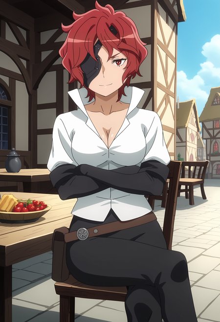 score_7_up, anime screencap,
<lora:DanMachi_HephaistosXL:0.9>,
1girl, solo, closed mouth, light smile,
short hair, red hair, red eyes, eyepatch,
HephaistosDM, white shirt, high collar, cleavage, elbow gloves, black gloves, brown belt, belt pouch, black pants,
from angle, crossed arms, crossed legs, sitting, table, chair, looking at viewer,
outdoors, town, medieval, blue sky