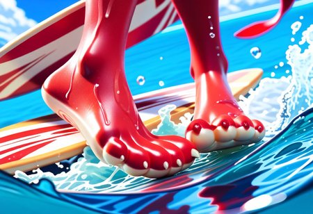 score_9, score_8_up, score_7_up, score_6_up, score_5_up, score_4_up, 1girl, furry female, alice, red squirrel, barefoot, red feet, 3 toes, foot focus, water, surfing, feet on surfboard, wet on feet, close-up