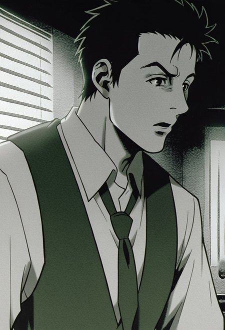 adsam, 1boy, male focus, necktie, vest, monochrome, shirt, short hair, lit_match, upper body, solo, collared shirt