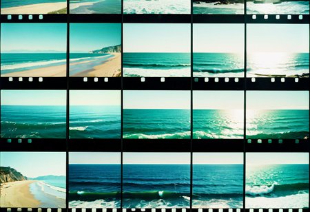 canon 400 film strip, overexposed sequence of seascape moments, contained inside of film strip, focus on one distinct frame of the film strip, nostalgic, cinematic storytelling, cherished snapshot, 35mm film grain, evocative imagery, life captured in stills, in the style of aivazovsky