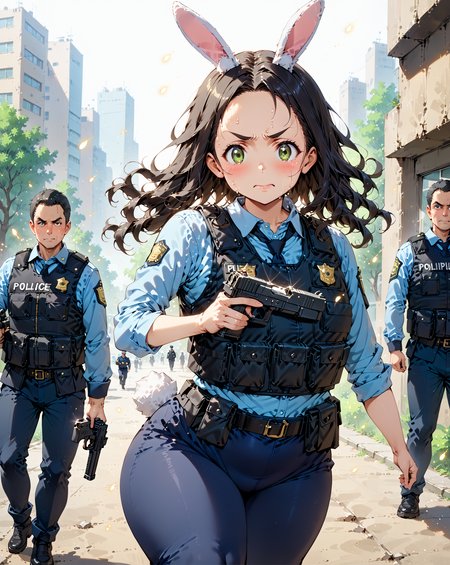 score_9, score_8_up, score_7_up, score_6_up, source_anime, ah1, 1girl, (curly hair), long hair, (black hair), mature female, (parted hair:1.7), (round face), (no_bangs), (no_fringe:1.6), looking at viewer, (thick eyebrows:1.3), (curvy), round-chin, (greenish hazel eyes), caucasian, (downturned eyes), (forehead:1.4), <lora:ETO_OCPonyXL:0.5> eto_oc, skindentation, plump, thick thighs, wide hips, busty, voluptuous, kinky curls, lips, bad-hands-5, (in Magical Meadow with Glowing Fireflies and Dancing Fairies), ((sobbing expression)), <lora:venus body PonyXL:0.8>, <lora:xl_more_art-full_v1:0.4>, <lora:shinyskin2:0.3> glistening skin, <lora:aesthetic_anime_v1s:0.4>, <lora:Expressive_H:0.4> Expressiveh, <lora:hairdetailpxl:0.4> hairdetailpxl, <lora:EpicF4nta5yXL:0.4>, <lora:detailxl:0.4> detailxl, <lora:Fant5yP0ny:0.4>, best quality, amazing quality, best aesthetic, absurdres, <lora:expressive eyes:0.4> expressive eyes, (Dutch Angle view Close shot (focus on chest)), <lora:eyedetailpxl:0.4> eyedetailpxl, <lora:A004-judy-v30:0.8> 1gjudy, police uniform, bulletproof vest, blue leggings, ((rabbit ears, rabbit tail)), <lora:YusufDikecGunPose_pdxl_Incrs_v1:0.8> holding weapon, holding gun, handgun, hand in pocket, aiming, full body