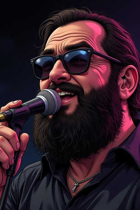 illustration, cartoon, anime, manga, drawing, Huge 60 year old man in sunglasses and with a black beard on stage singing into a microphone, close up. Text at the bottom of the picture "And again September 3rd!!!"
