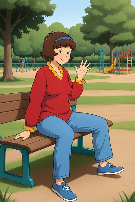 masterpiece, best quality, amazing quality, absurdres, solo, cailloudoris, smile, closed mouth, sitting, looking at viewer, waving, short brown hair, blue hairband, red shirt, blue pants, blue shoes, outdoors, playground, bench, tree, grass