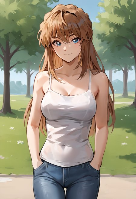 miyano_shiho, brown hair, blue eyes, long hair,  medium breasts, white camisole, sleeveless, tight jeans
BREAK
outdoors, park, day
BREAK
cowboy shot, looking at viewer, standing,closed mouth, sexy smile, flirty, hands on pocket
BREAK
score_9, score_8_up, score_7_up, source_anime ,zPDXL, <lora:Miyano_Shiho:0.8>