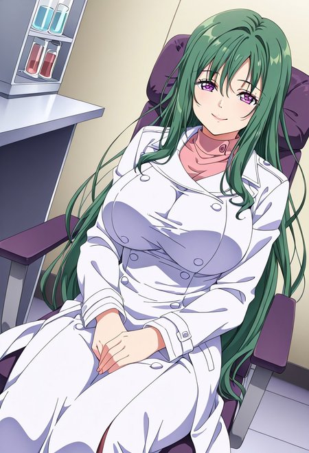 general,highres, ultra-detailed,very aesthetic,best quality ,best hands,best eyes,easynegative,
dynamic anglre, dutch angle, anime cloring,
1girl solo,looking at viewer,laboratory,smile,sitting chair,
Yukiko Misuzu,green hair, long_hair,purple eyes, huge_breasts,laco coat,