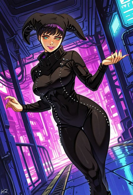 MatsuriGodTreeBTBV, 1girl, solo,  black  headwear, striped eyes, pink lips, large breast, black studded bodysuit,  striped four-pointed magenta collar,  black studded hood,  purple rinnegan, thick thighs, high-heeled ankle boots, pink nails,
,seductive pose, sexy pose, tease, 
masterpiece, best quality, ultra-detailed, very aesthetic, detailed background, very aesthetic, newest, scenery, highres, 4k, absurdres, 8k, colorful,vibrant, glowing, perfect face, 2d, perfect eyes, detailed eyes, 
 masterpiece, best quality, ultra-detailed, very aesthetic, newest, scenery, absurdres, perfect anatomy, , perfect face, perfect eyes, mature body, clear eyes, beautiful eyes, athletic, curvy body, athletic girl, perky tits, perfect tits, round breasts, pinup pose, teasing, lustful expression,
muscular female, dutch angle,
,naughty smile, 
,detailed eyes,Smooth Negative, highres, absurdres,   uncensored, retro_artstyle, retro, cyberpunk,
