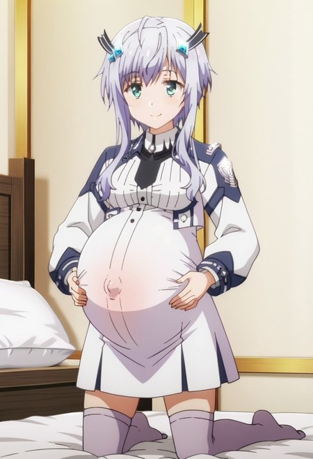 best quality, masterpiece, 4k, perfect lighting, very aesthetic, anime, anime coloring, official art, (anime screencap:1.5), (bedroom:1.5), happy, smile, (hands on belly:1.5)
(large pregnant belly:1.5), 
ng_deepnegative_v1_75t,
MishaNECRON, (full body shoot:1.5),
long sleeves, necktie, white jacket, (uniform, white dress:1.9), grey thighhighs
 (volup girl:1.5),
(pregnancy clothes:1.9), (covered belly:1.9)