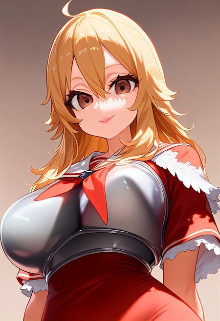 (masterpiece:1.2, best quality), (finely detailed eyes: 1.2) (ultra-detailed, hires), (detailed face, detailed eyes), (best illumination), detailed glow, high contrast, looking at viewer, solo, smile, closed mouth, 1girl, huge breasts, wide hips, thick thighs, centurii-chan, blond hair, brown eyes, hair between eyes, medium hair, fluffy hair, bangs, armor, ((breastplate)), dress, neckerchief, red neckerchief, red dress, short dress, short sleeves, pink lips, skindentation, no background, empty background, (((face shot))), (masterpiece, best quality, very aesthetic, absurdres), (ultra detailed perfect piece:1.2), illustration, masterpiece, (extremely detailed CG 8k), (very fine 8K CG), <lora:add-detail-xl:-1>