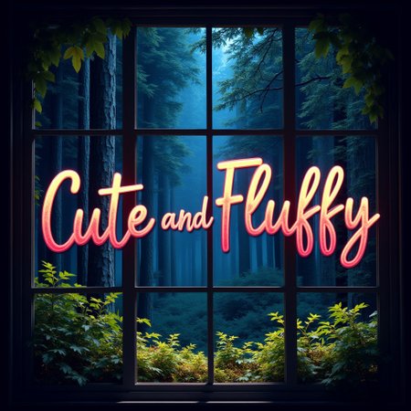 The words, 'Cute and Fluffy,' Overlayed in rainbow fractal style over a window showing the fae forest at night, brilliant and vibrant text focus, the fae forest has verdant foilage lit with magical lights