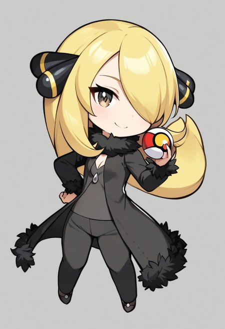 masterpiece, best quality, very aesthetic, absurdresï¼<lora:cynthia_(pokemon):1>ï¼smile, , hair_over_one_eye, cynthia_\(pokemon\), black_coat, 1girl, white_background, solo, chibi, poke_ball_\(basic\), full_body, black_pants, long_sleeves, closed_mouth, fur_trim