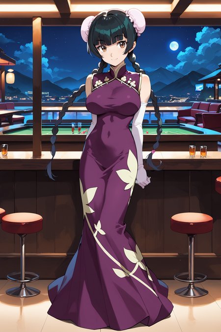 score_9, score_8_up, score_7_up, , score_ANIME, wangliumei, 1girl, solo, bun cover, double bun, china dress, twin braids, dark green hair,full body, very long hair, brown eyes, standing, smile, pink elbow gloves, sleeveless, purple dress, looking at viewer, large breasts, blunt bangs <lora:wangliumei2_pony:1>, arms behind back,  hair behind back, head tilt,  night sky,   club, indoors,  bar, casino,  long dress