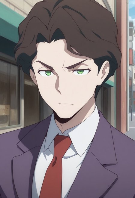 masterpiece,best quality,amazing quality, source_anime, 
AndrewHanbridge, 1boy, male focus, solo, green eyes, brown hair, shirt, white shirt, collared shirt, necktie, red necktie, jacket, purple jacket,
outdoor,