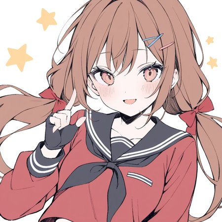1girl, 
solo, star \(symbol\), looking at viewer, upper body, blush, open mouth, fingerless gloves, hairclip, brown eyes, low twintails, black sailor collar, simple background, sailor collar, smile, black gloves, school uniform, gloves, bow, long sleeves, hair bow, hand up, red shirt, shirt, brown hair, red bow, serafuku, long hair, white background, hair ornament, twintails, black neckwear, 
masterpiece, best quality,  safe
 <lora:mki-a31-dodosako-v1-000070:1>