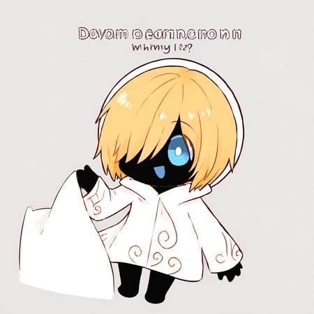 <lora:Bone_Maiden:1> bonemaiden, blonde hair, blue eyes, black skin, colored skin, hood, cloak, short hair, no mouth, hair over one eye
 <lora:Seggs_XLPD:0.8> Seggs, chibi, open mouth, smile, english text