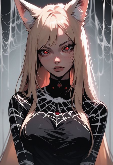 score_9, score_8_up, score_7_up, source_cartoon, looking at viewer, hourglass figure, face focus,
1 girl, solo girl, fox girl, fox ears , 4 pairs of eyes, pretty face, cute girl, large breasts, blonde hair, long hair, red eyes, arachne, long black nails
spider webs,
black liquid dress, cowboy shot,