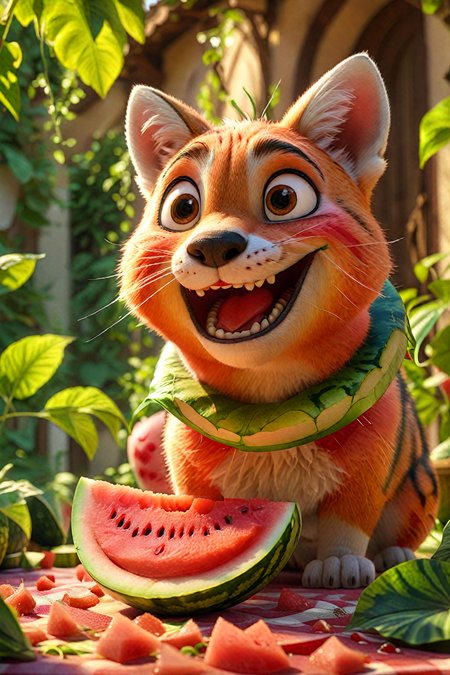 fox eats watermelon, <lora:add-detail-xl:0.64>, 8k, masterpiece, best quality, cinematic lighting, <lora:Cute_3D_Cartoon:1>,  <lora:animeoutlineV4_16:0.32>, Designed by Bage