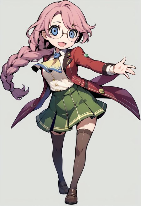 score_9, score_8_up, score_7_up, source_anime, 1girl, open mouth, smile, <lora:PQ-Style-pdxl_Fp:1> simple background, full body, chibi, <lora:emma-rebake3:1> emmathors, ascot, blue eyes, braided ponytail, breasts, glasses, loafers, long hair, pink hair, pleated skirt, red jacket, single braid, thighhighs, white shirt, green skirt