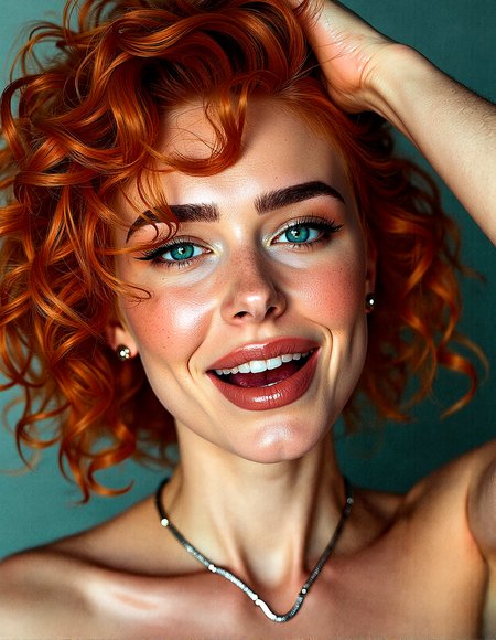 An upper body image of a beautiful lady with curly orange hair, aqua eyes, and bold eyeliner. She has thick eyebrows and long eyelashes, and her lips are shiny and full. She wears a necklace jewelry,  and a helix piercing. The extreme realism focuses on her detailed skin, showing fine textures and natural highlights.

The background is A complex web of intersecting lines in different colors and thicknesses.Dots arranged in a grid or random patterns, with varying sizes and densities.


Subtle skin pores and natural texture on the face and neck, Realistic light reflections on the surface of the eyes, Slightly raised veins visible under the skin on the neck, Subtle veins visible on the eyelids under certain lighting, Realistic reflection of light on the glossy lips, following their curvature, Soft reflections on the necklace, enhancing its metallic look

one arm raised, shading her eyes as she looks into the distance with a serene smile, her mouth are wide open revealing her teeth and tongue




 









































