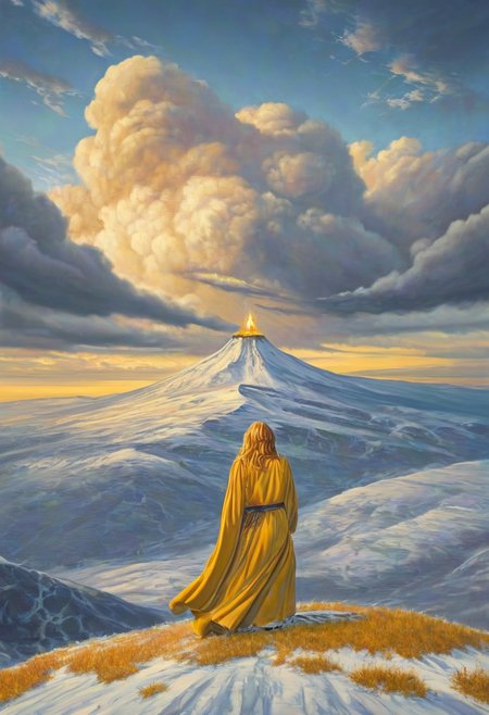 <lora:Storybook_V1.1:.7> sbfte, 1woman, blonde hair, the grim reaper, facing away, rocky hill, standing, robe blowing in the wind, clouds, sky, sunset, visible night sky, stars, cosmic, in meditation, ultra detailed landscape, bright yellow, energy surrounding surrounding him, volumetric lighting, ultra detailed clothes, ultra detailed body, ultra detailed hair, a city made of blue crystals is on fire in the distance, serenity, low-key,
by Natalia Rak and Barclay Shaw in the style of Jessica Rossier,  <lora:EnvyAnimeWatercolorXL02:0.60> ,   Elmore_Style_LX <lora:Elmore_Style_LX-000011:0.60>