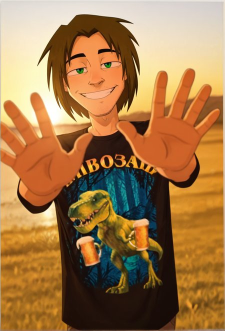 golden hour shot of masterpiece, perfect face, beautiful face, perfect hands, beautiful hands, dark theme, 
 <lora:dimon-30:1> dmnwf, solo, 1boy, male focus,  shirt, short hair,  brown hair, green eye, 
	Alone at a party with a smile on your face
 detailed backgroud,foreshortening,blurry edges, soft lighting, intricate details , depth of field, foreshortening,(masterpiece, best quality), safe, amazing quality, very aesthetic, absurdres, highres, newest,  <lora:Ð¤ÑÑÐ±Ð¾Ð»ÐºÐ°_ÐÐ¸Ð²Ð¾Ð·Ð°Ð²Ñ__Beersaur_T-shirt_Clothing_for_Illustrious:1> b33rs4ur, shirt print, black t-shirt. Warm light, sunset/sunrise, magical, serene