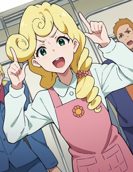 score_9, score_8_up, score_7_up, source_anime, <lora:kaori-hanase-s1-ponyxl-lora-nochekaiser:1>, kaoru hanase, long hair, blonde hair, hair over shoulder, green eyes, curly hair, otoko no ko,, apron, shirt, collared shirt, long sleeves, pink apron, denims, pants,, train station, trains, platform, passengers, travel, smile, <lora:horns-pose-ponyxl-lora-nochekaiser:1>, horns pose, index fingers raised, angry, steam, open mouth, shouting, anger vein,, looking at viewer, solo,, dutch angle, cowboy shot
