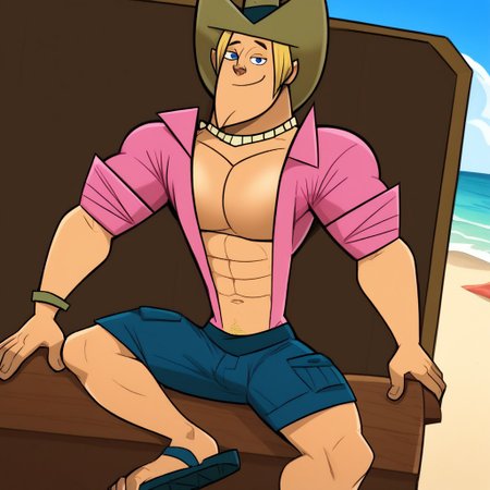 score_9, score_8_up, score_7_up, (((absurdres))), detailed background, beach background, easynegative, takezamurai, ((solo, 1boy)), light skinned male, male, cartoonish style, geoff_tdi, broad shoulders, athletic build, abs, blonde hair, blue eyes, cowboy hat, pink shirt, open clothes, blue shorts, sandals, male focus, looking at viewer