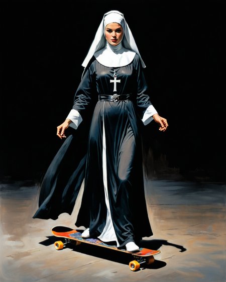 Frank Frazetta style, nun wearing long robe, skateboard, chrome, black background, <lora:add-detail-xl:1.0>  <lora:xl_more_art-full_v1:0.5>