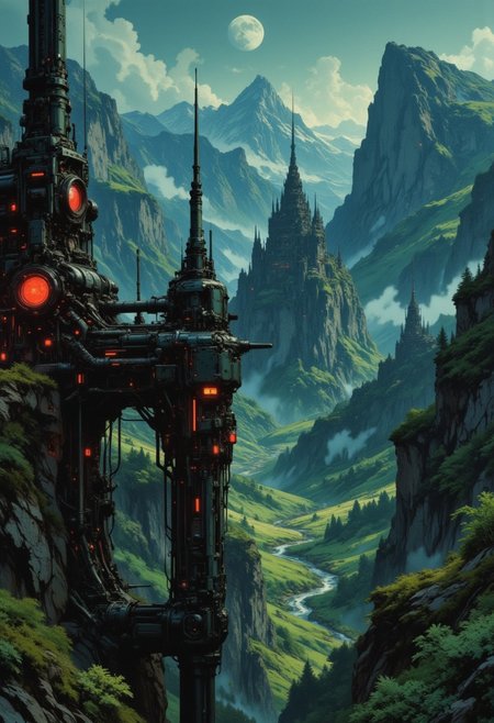 OBxiaoxiang, CAICO, inksketch black and red theme, detailed photorealistic image, a_skynet_cyberdyne_craft, the image is featuring a moonlit scene of a sci-fi cityscape of colossal buildings and towers in a green lush landscape, situated in a verdant valley emerging from mountain canyons, black and gunmetal grey alloy surfaces with high-end circuitry, red glowing diodes and lights, large depth of field. The sky is a dark blue, with a moon hanging low in the horizon