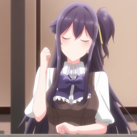 izumi shiho, ribbon, pantyhose, from below, cup, necktie, furude rika, vaginal, glaring, hair flaps, finger to mouth, school uniform, brown vest, dated, looking to the side, covered mouth, cat ears, single horizontal stripe, potted plant, maid apron, hand on own hip, purple flower, open jacket, frilled sleeves, enmaided, tray, window shade, closed eyes, holding plate, :d