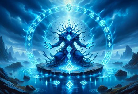Glowing Runes, Glowing Rune Circle, a water elemental covered in blue glowing runes, surreal landscape art