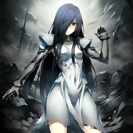 masterpiece, best quality,sadako_yamamura,  <lora:Sadakobest:1>, white dress,<lora:epiNoiseoffset_v2:1>, <lora:muvLuvsStyleArmors_10:0.5>,fortified suit, cowboy shot, black_leg armor, black arm armor, fighting pose, (small breasts),