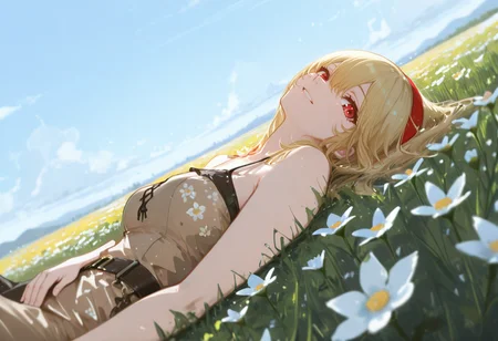 1girl, solo, anime coloring, anime artwork, unholy-aesthetic, masterpiece, best quality, newest, absurdres, highres, safe, CG, cinematic lighting, natural shadow, highest detail, detailed background, intricate scenery, depth of field, insane details, intricate, subsurface scattering, very aesthetic, serene atmosphere, artistic rendering, dramatic contrast, luminous elements, soft painterly texture, striking visual design, finely detailed face, beautiful face, CG, anime, source anime, illustration, high resolution, ultra-detailed, rule of thirds, masterpiece-level,
dutch angle, cinematic angle, safe, sfw, intricate scenery, (looking at viewer:1.5),
day, blue sky, clouds, (from side, from above:1.5), 
flower field, lying, lying on back, looking up,
<lora:kaelaIL:0.45> kaelaIL, long hair, medium breasts, red eyes, tsurime, (blonde hair:1.5), red headband, happy smile,
<lora:Mocha_Petal_Dress:0.7> Mocha_Petal_Dress, dress, bare shoulders, sleeveless, bare arms, floral print, spaghetti strap, brown dress, long dress,
 <lora:add-detail-xl:1>,
 <lora:748cm_illu:0.85> 7481llu,
<lora:USNR_STYLE_ILL_V1_lokr3:0.85> usnr,
 <lora:Simulacrum-v12-LUXL-LOHA-lr0005-v3:1>