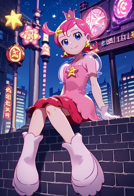 score_9, score_8_up, score_7_up,source_anime,japan street view, city view,komettosan, crown, head star accessory, ear accessory, female, pink hair, short hair, blue eyes, one piece dress,smile,sitting,boots,night, star,white gloves