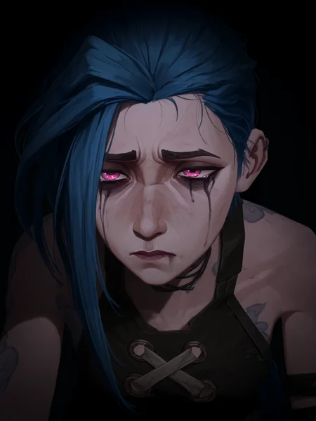 masterpiece, best quality,gritty,arcane: league of legends, digital drawing,arcane jinx, pink eyes,pink tears,runny makeup,sad, <lora:Arcane_V2:0.75> arcanstyle,